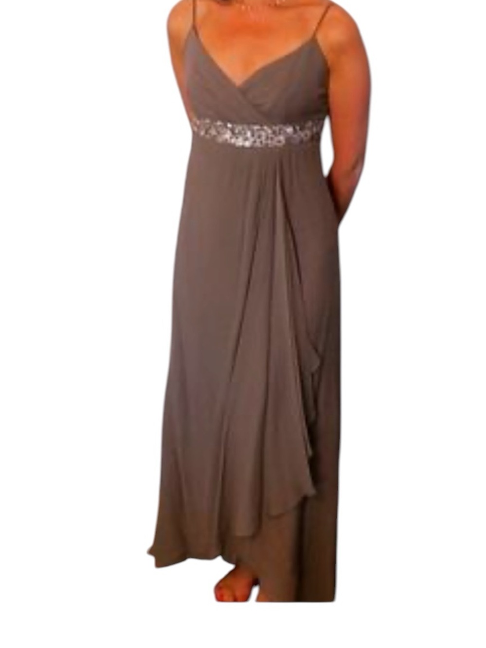 BCBG silk Spaghetti Strap Embellished Empire Waist Maxi Dress - Taupe size 6